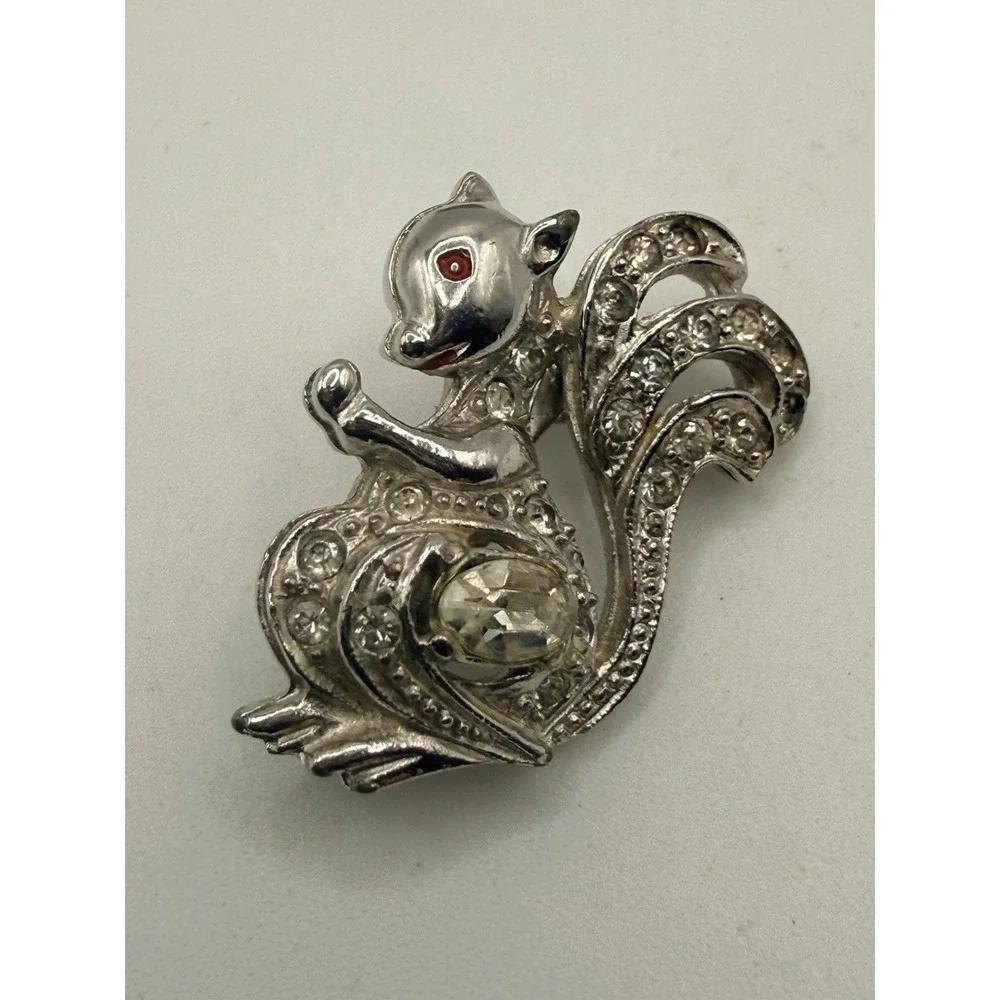 Vintage Squirrel Brooch Pin Silver Tone Rhinestone READ LOOK